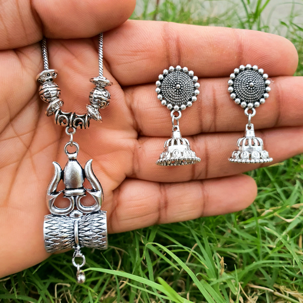 Unique Oxidised Trishul Chain Necklace With Jhumka Earrings