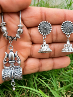Unique Oxidised Trishul Chain Necklace With Jhumka Earrings