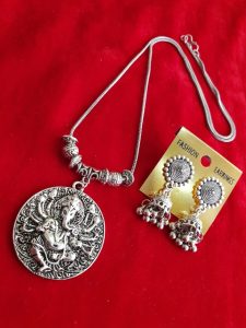 Oxidized Ganesha Chain Necklace With Jhumka Earrings