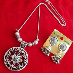 Oxidised German Silver Chain Necklace With Jhumka Earrings