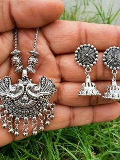 Oxidised Peacock Chain Necklace With Adorable Jhumka Earrings
