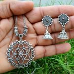 Silver Plated Oxidised Chain Necklace With Jhumka Earrings