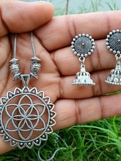 Silver Plated Oxidised Chain Necklace With Jhumka Earrings