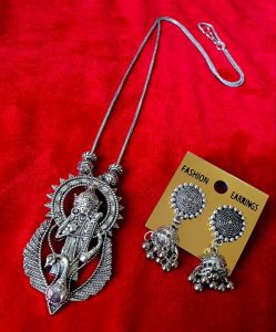 Oxidised Chain Necklace With Jhumka Earrings