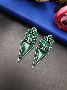 Designer Monalisa Silver Replica Dangler Earrings | Best Party-wear Jewelry - Color: "Green"