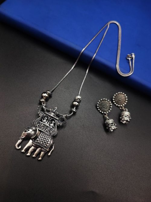 Designer-Elephant-Oxidised-Chain-Necklace-With-Jhumka-Earrings