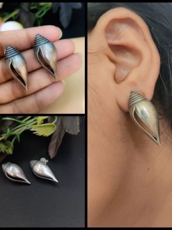 Silver Replica Shankh Stud Oxidised Earrings - Best Daily Wear Jewellery
