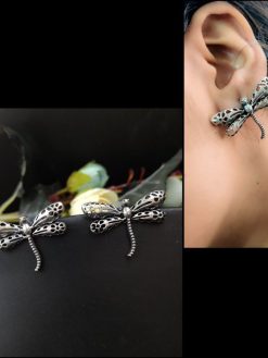 Boho-style oxidized silver look-alike dragonfly stud earrings for women, featuring an intricate design with a vintage finish, perfect for casual and festive wear.