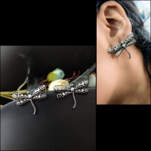 Boho-style oxidized silver look-alike dragonfly stud earrings for women, featuring an intricate design with a vintage finish, perfect for casual and festive wear.