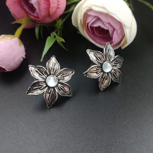 Oxidised Flower Design Stud Earrings - Image 6