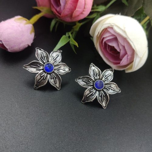 Oxidised Flower Design Stud Earrings - Image 5