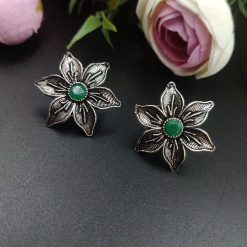 Oxidised Flower Design Stud Earrings - Image 4
