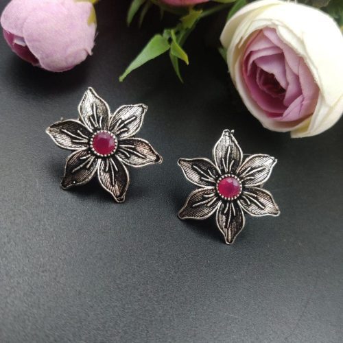 Oxidised Flower Design Stud Earrings - Image 3