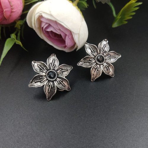 Oxidised Flower Design Stud Earrings - Image 2