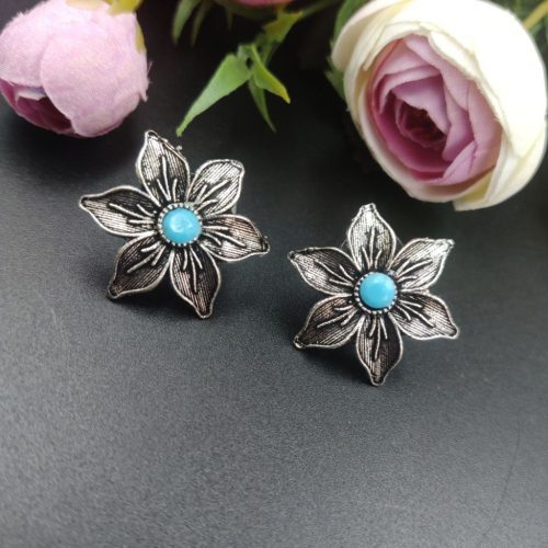 Oxidised Flower Design Stud Earrings