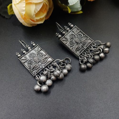 Flower Design Black Polish Ghughroo Earrings