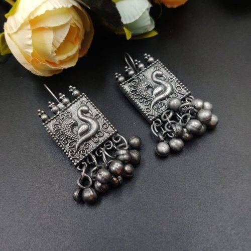 Black Polish Oxidised Peacock Earrings