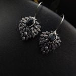 Daily Wear Hook Earrings Oxidised Stone Unique Feather Style - "Black"