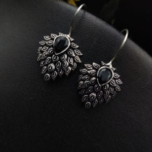 Daily Wear Hook Earrings Oxidised Stone Unique Feather Style - Color: "Black"