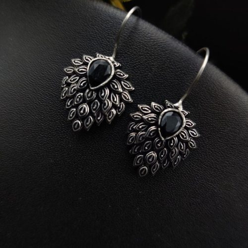 Daily Wear Oxidised Stone Feather Hook Earrings