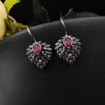 Daily Wear Hook Earrings Oxidised Stone Unique Feather Style - "Red"