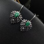 Daily Wear Hook Earrings Oxidised Stone Unique Feather Style - "Green"
