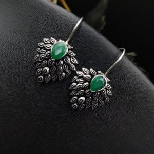 Daily Wear Hook Earrings Oxidised Stone Unique Feather Style - Color: "Green"