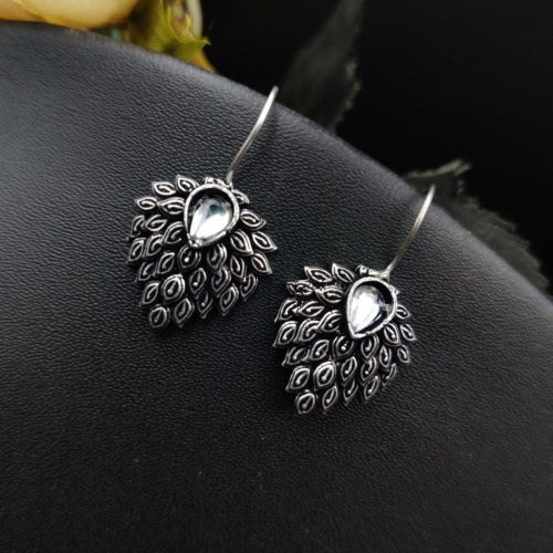Daily Wear Oxidised Stone Feather Hook Earrings