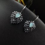 Daily Wear Hook Earrings Oxidised Stone Unique Feather Style - "Mint"