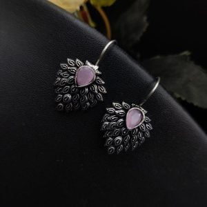 Daily Wear Hook Earrings Oxidised Stone Unique Feather Style - Color: "Baby Pink"