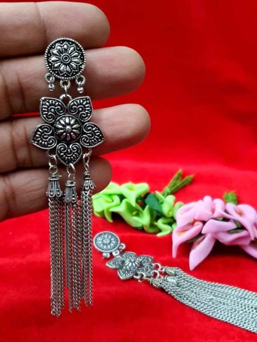 Flower Design Long Chain Oxidised Earrings