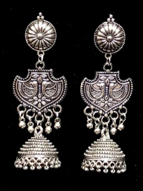 Oxidised Peacock Jhumkas Earrings For Girls