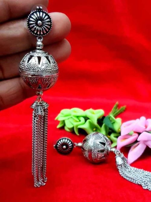Long Chains Oxidised Round Beads Earrings