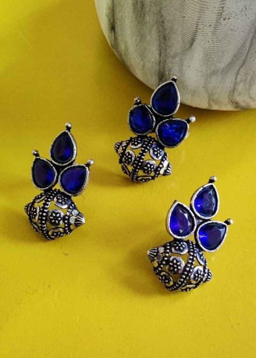 Oxidised Combo Set : Stud Earrings With Matching Ring - Image 5