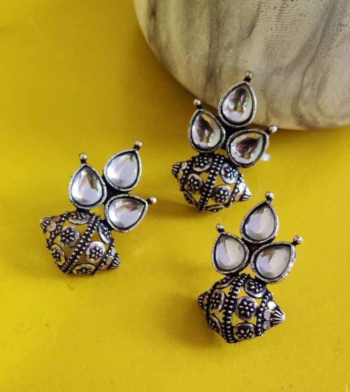 Oxidised Combo Set : Stud Earrings With Matching Ring - Image 4