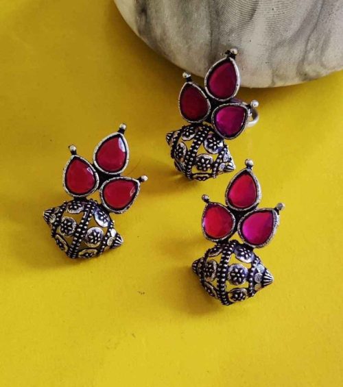 Oxidised Combo Set : Stud Earrings With Matching Ring - Image 3