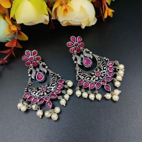 Silver Plated Oxidized Chandbali Earrings - Image 4
