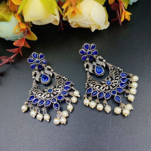Silver Plated Oxidized Chandbali Earrings - Image 3