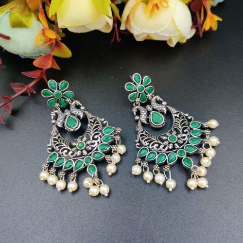 Silver Plated Oxidized Chandbali Earrings - Image 2
