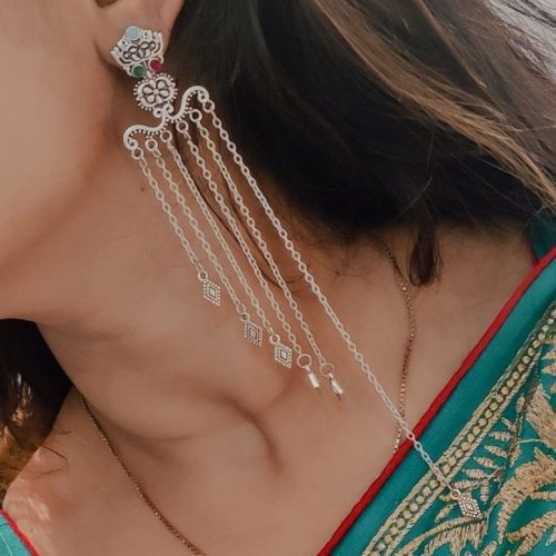 Oxidised Long Chain Step Earrings For Girls - Image 6