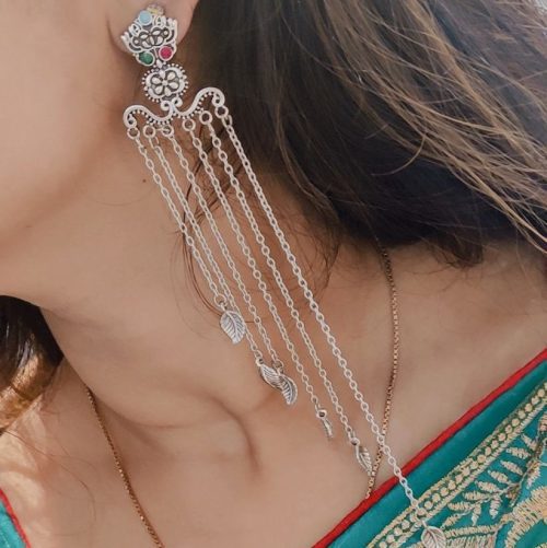 Oxidised Long Chain Step Earrings For Girls - Image 5