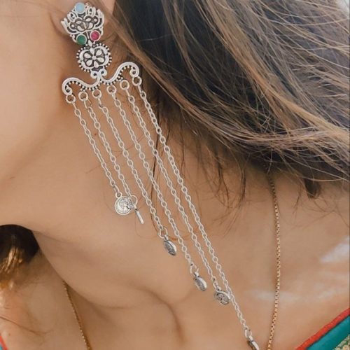 Oxidised Long Chain Step Earrings For Girls - Image 4