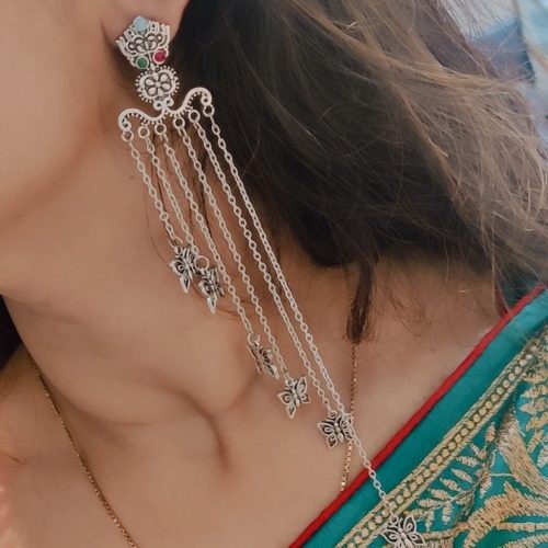 Oxidised Long Chain Step Earrings For Girls