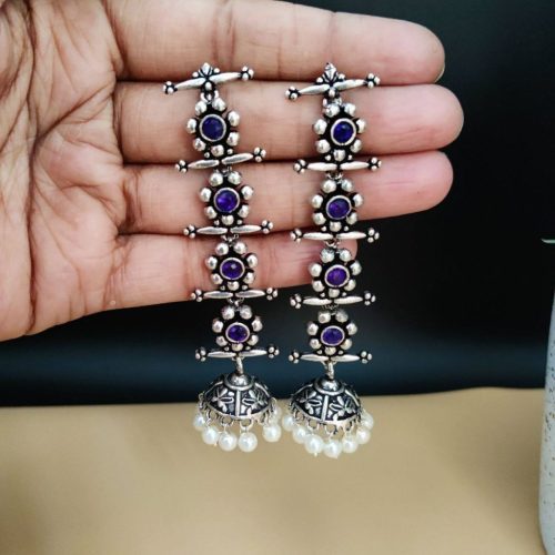 Oxidised Long 4 Step Earrings For Girls - Image 10