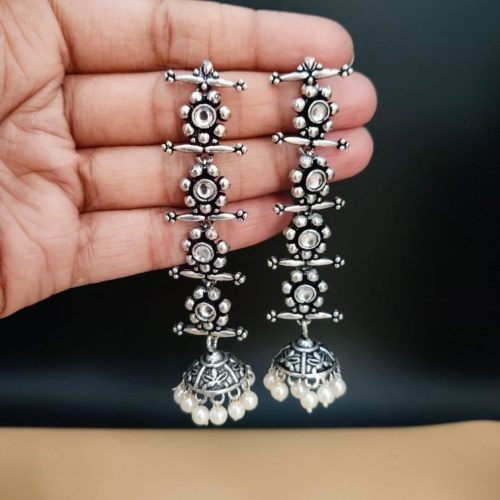 Oxidised Long 4 Step Earrings For Girls - Image 9