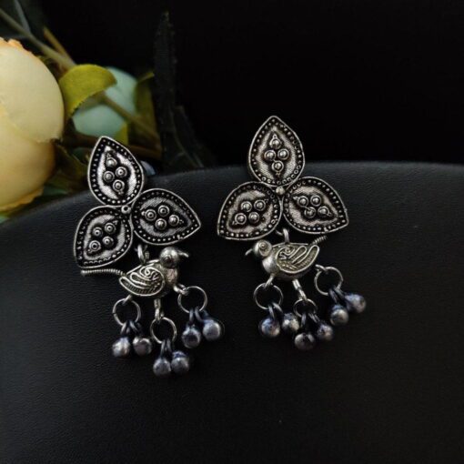 Flower Stud With Birds Charms Earrings