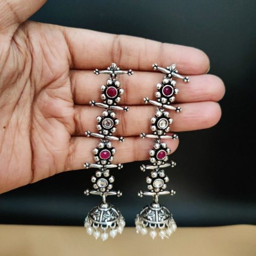 Oxidised Long 4 Step Earrings For Girls - Image 7