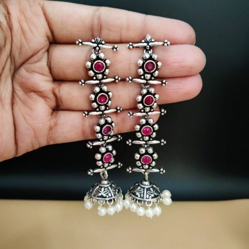 Oxidised Long 4 Step Earrings For Girls - Image 5