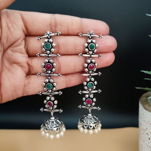 Oxidised Long 4 Step Earrings For Girls - Image 3