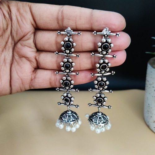 Oxidised Long 4 Step Earrings For Girls - Image 2